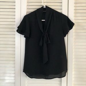XS black tie front work blouse w/ flutter sleeves